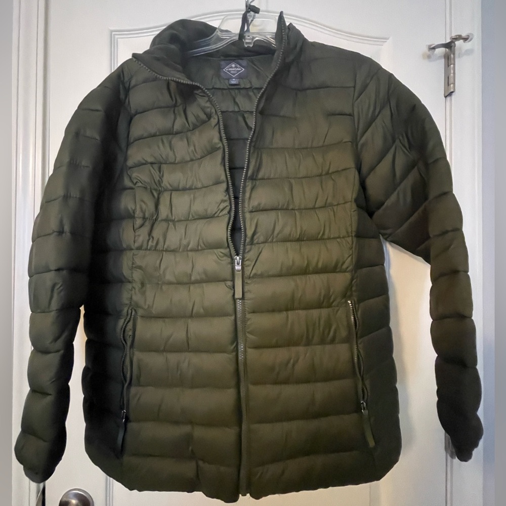 Army green puffer coat with detachable hood in bag.